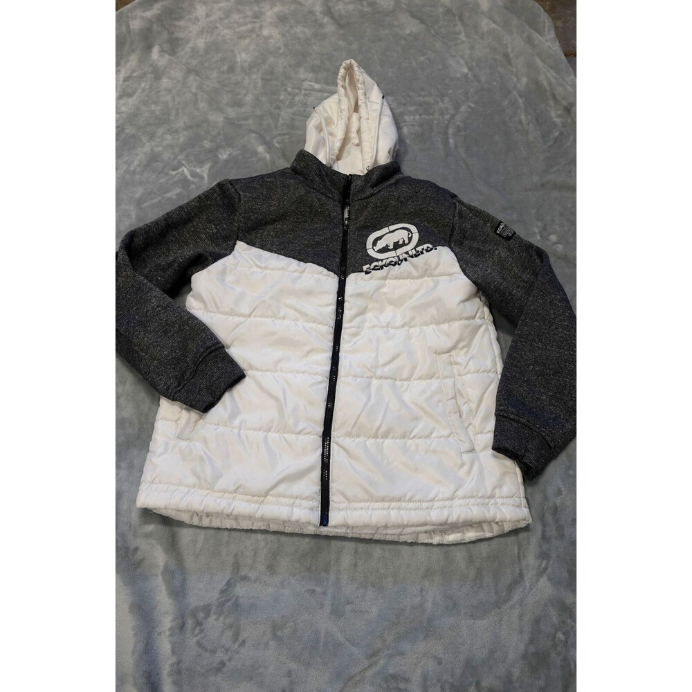 Ecko Unltd Womens Medium White Gray Heather Knit Hoodie Puffer Casual Ski Jacket